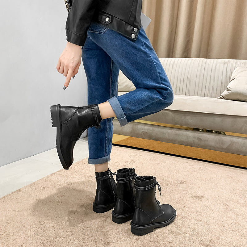 Women's Breathable Motorcycle Thin Short Low Round Women's Leather Boots