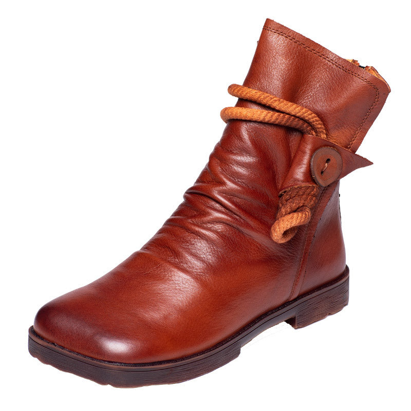 Style Vintage Cowhide Handmade Square Toe Back Zipper Flat Boots
