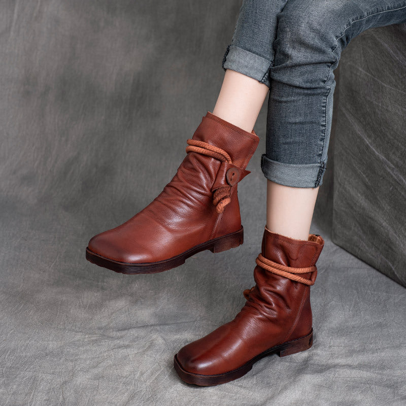 Style Vintage Cowhide Handmade Square Toe Back Zipper Flat Boots