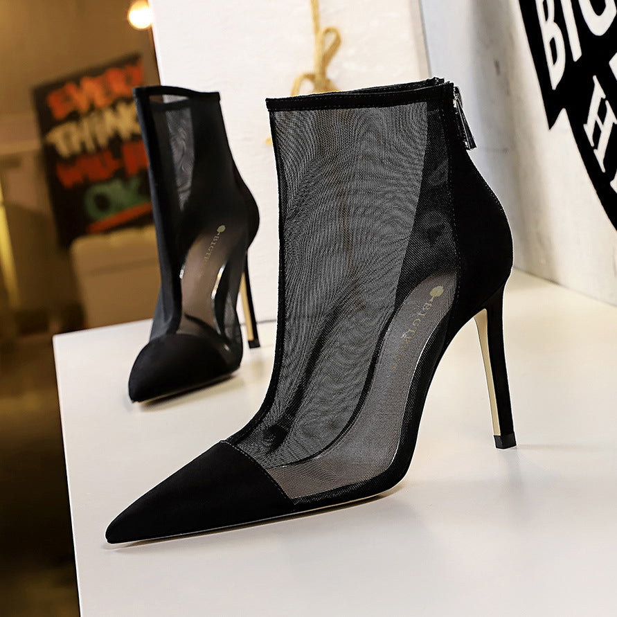 Women's Sexy Nightclubs Thinner Mesh High Stiletto Pointed Women's Leather Boots