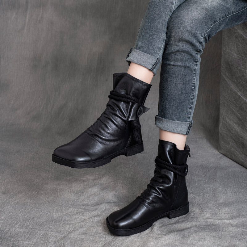 Style Vintage Cowhide Handmade Square Toe Back Zipper Flat Boots