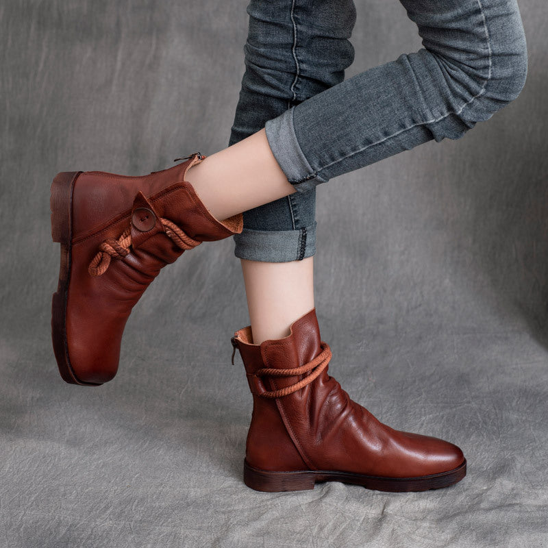 Style Vintage Cowhide Handmade Square Toe Back Zipper Flat Boots