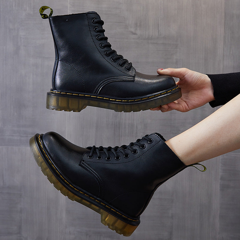 Women's Martin Street Trend Fashion Flat Height Increasing Cowhide Zip Boots