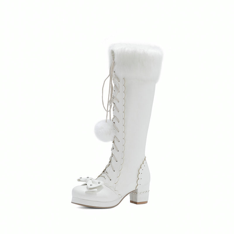 Round Head High Hair Ball Warm Princess Women's Leather Boots