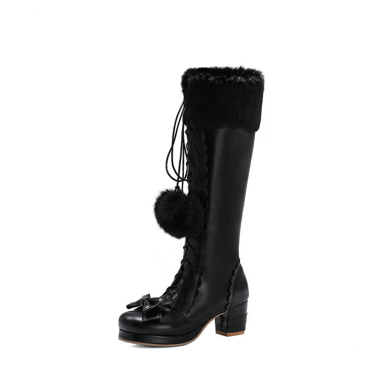 Round Head High Hair Ball Warm Princess Women's Leather Boots