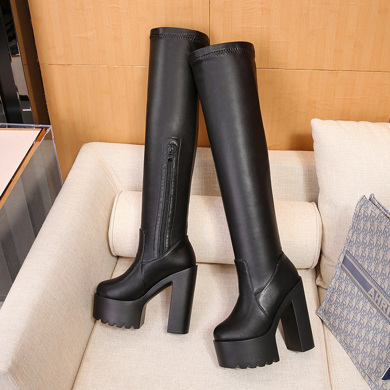Women's Over The Knee High Platform Elastic Skinny Women's Leather Boots