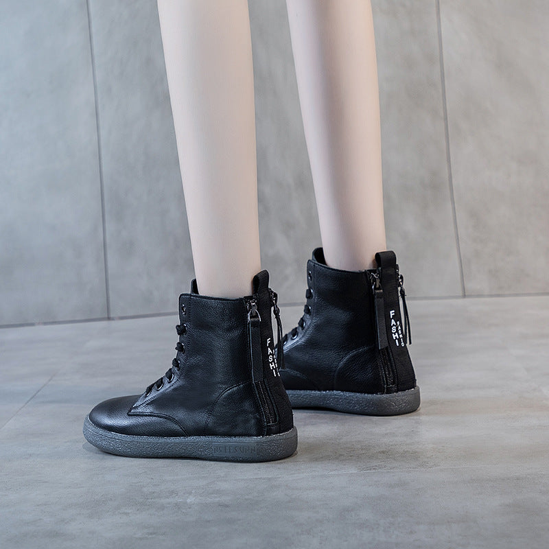 Women's Top White Flat Ankle Beef Tendon Plus Veet Double Zipper Women's Leather Boots