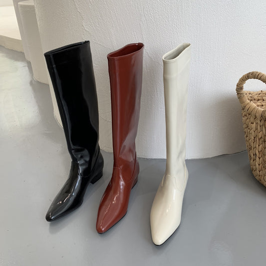 Low High Female Niche Pointed Toe Chunky Below The Knee Women's Leather Boots