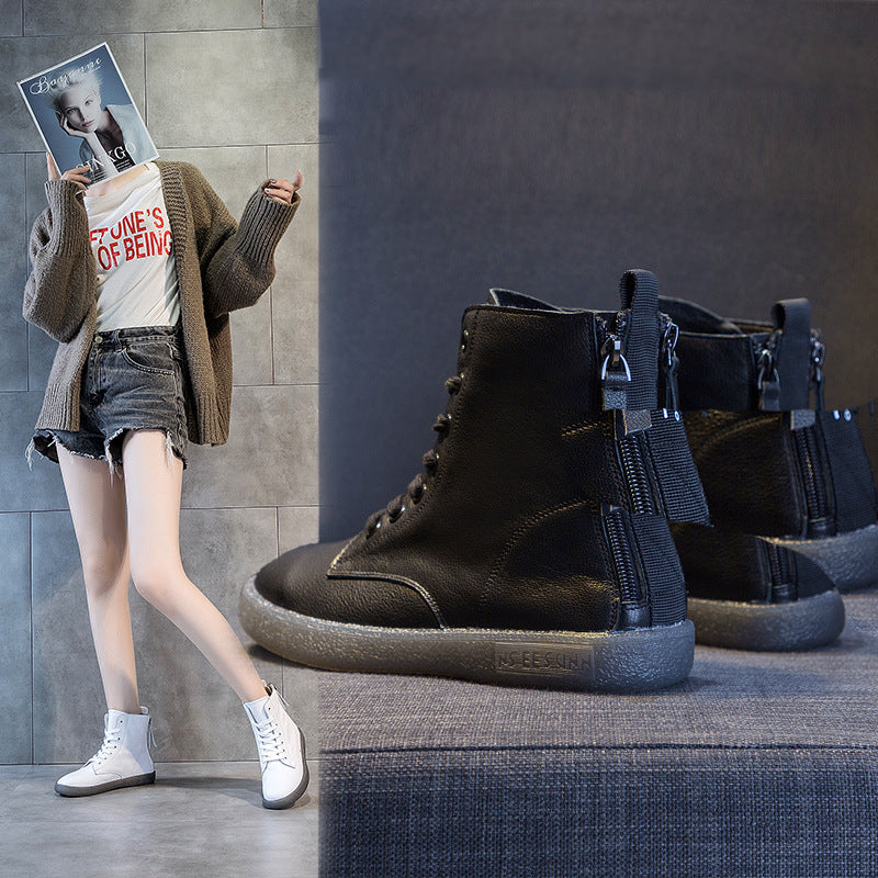 Women's Top White Flat Ankle Beef Tendon Plus Veet Double Zipper Women's Leather Boots