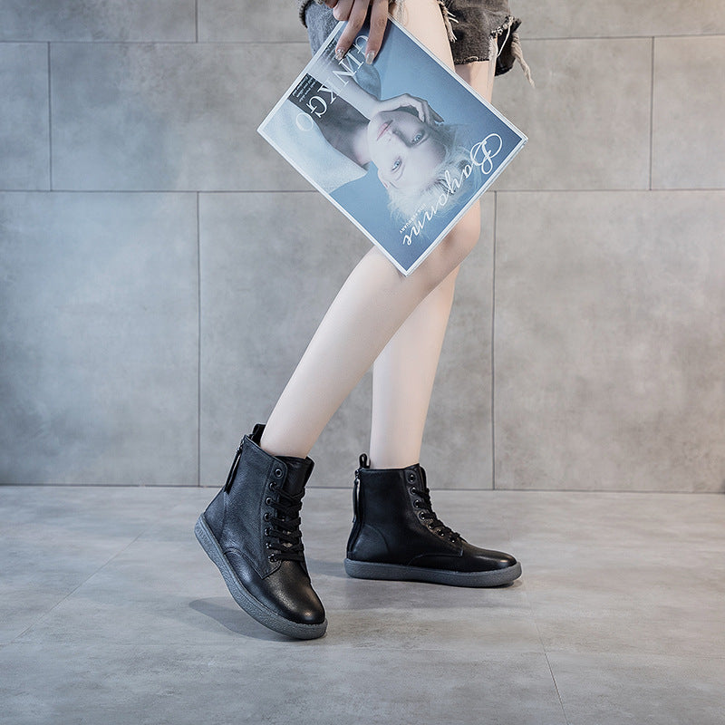 Women's Top White Flat Ankle Beef Tendon Plus Veet Double Zipper Women's Leather Boots