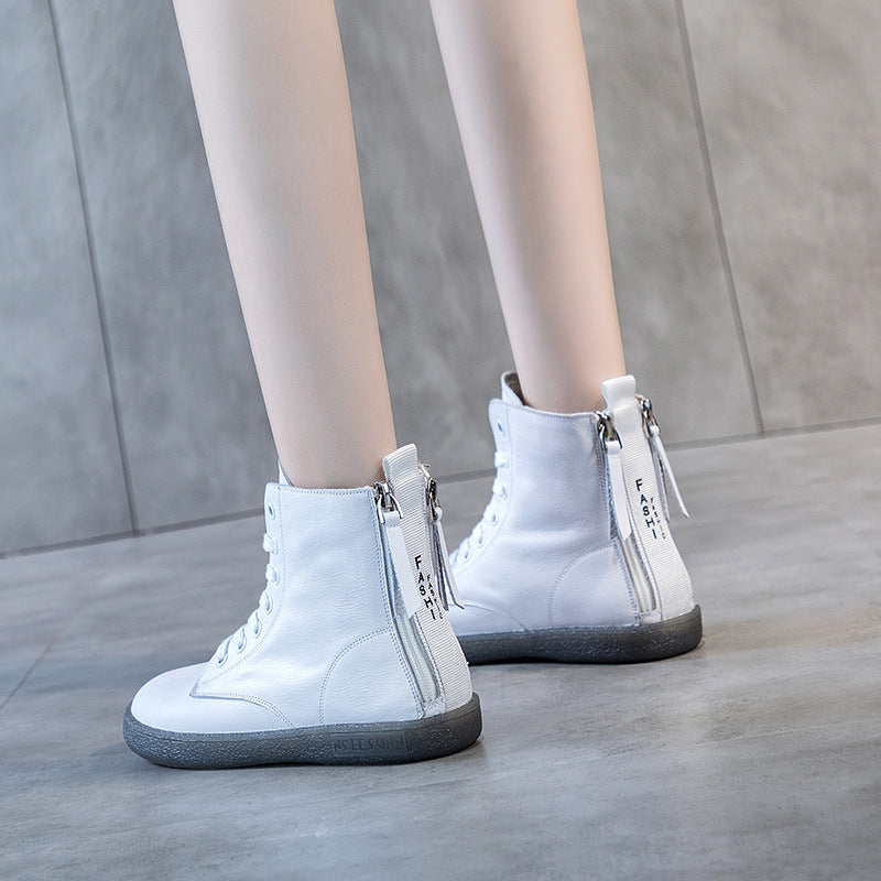 Women's Top White Flat Ankle Beef Tendon Plus Veet Double Zipper Women's Leather Boots