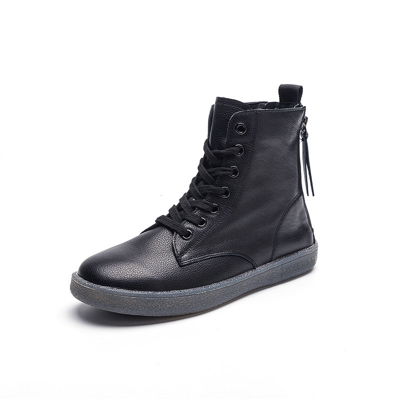 Women's Top White Flat Ankle Beef Tendon Plus Veet Double Zipper Women's Leather Boots
