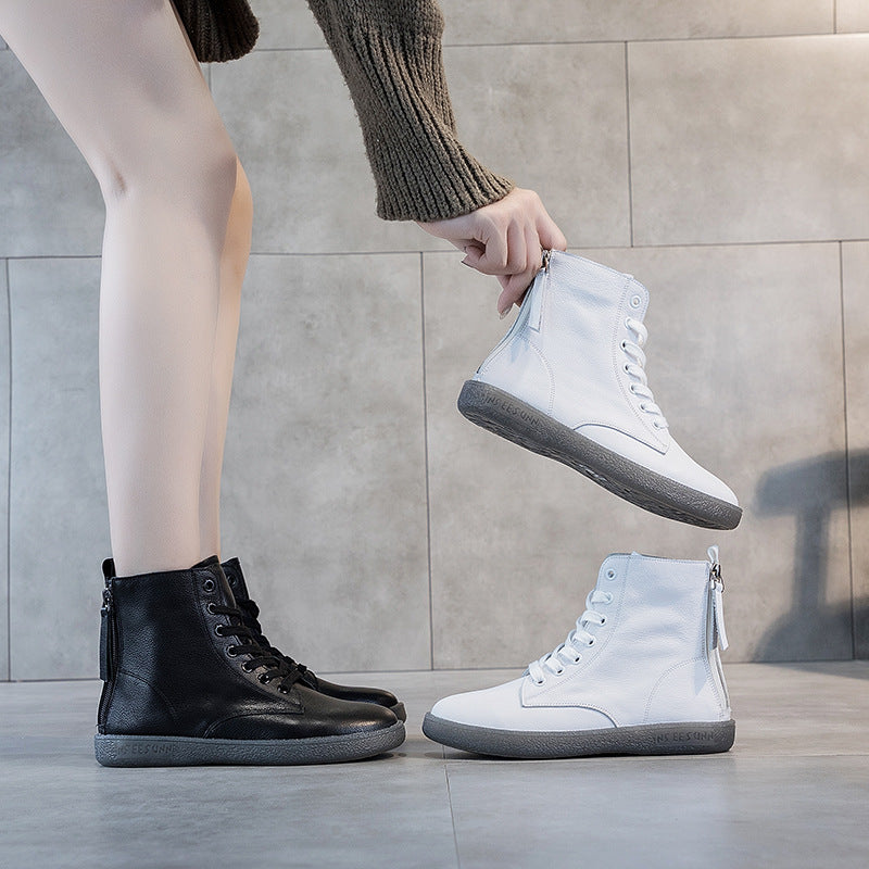 Women's Top White Flat Ankle Beef Tendon Plus Veet Double Zipper Women's Leather Boots
