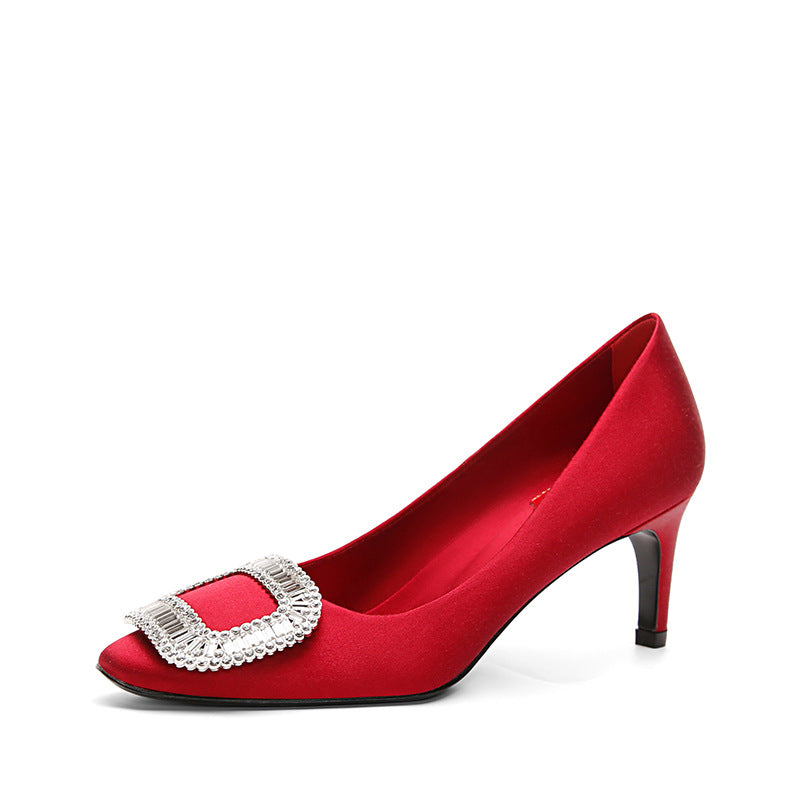 Women's Wang High Stiletto Rhinestone Square Buckle Round Toe Pumps Red Heels