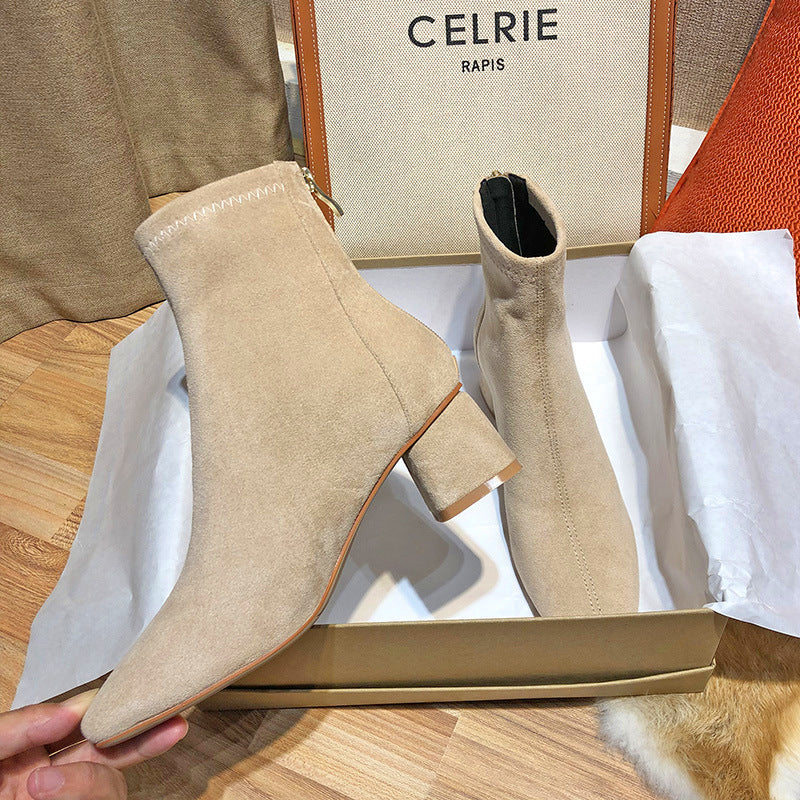 Women's Fu Suede Short Chunky Round Toe Fashion Women's Leather Boots