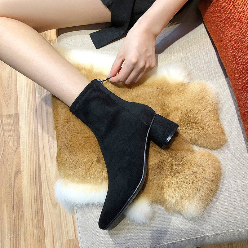 Women's Fu Suede Short Chunky Round Toe Fashion Women's Leather Boots