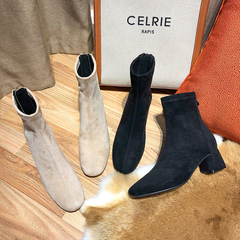 Women's Fu Suede Short Chunky Round Toe Fashion Women's Leather Boots
