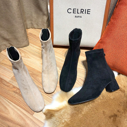 Women's Fu Suede Short Chunky Round Toe Fashion Women's Leather Boots