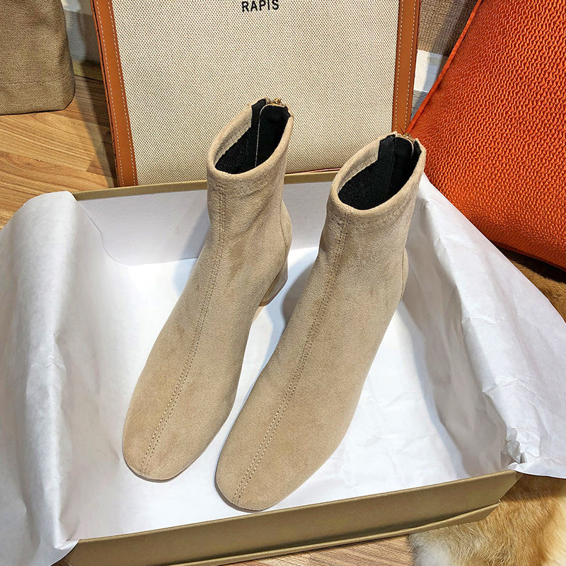 Women's Fu Suede Short Chunky Round Toe Fashion Women's Leather Boots