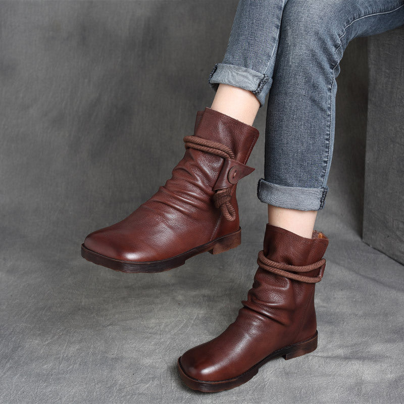 Style Vintage Cowhide Handmade Square Toe Back Zipper Flat Boots