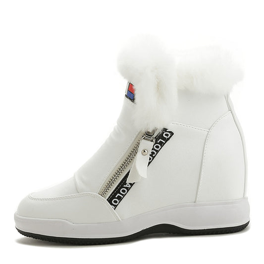 Women's Height Increasing Insole Korean Style Zipper Rabbit Fur Snow Boots