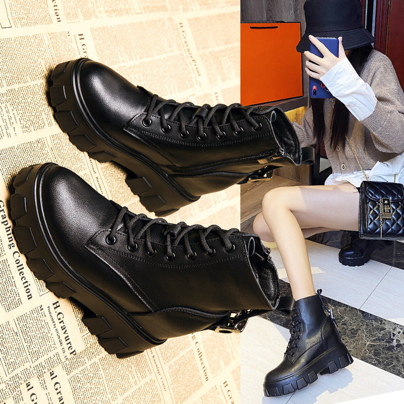 Women's Increasing Insole Wedge Platform Ankle British Style Women's Leather Boots