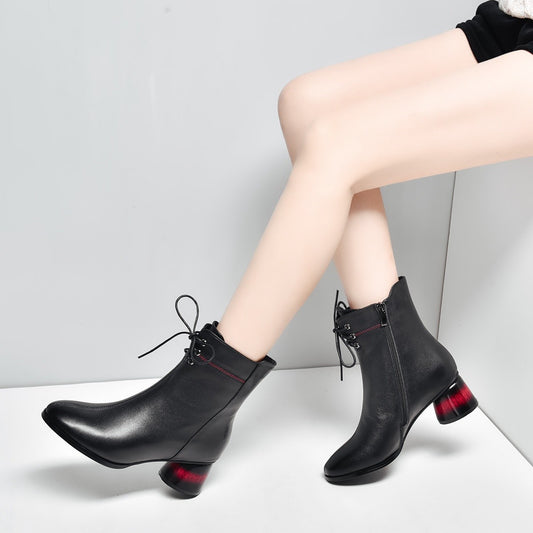 Women's First Layer Cowhide Martin Ankle Fleece-lined Warm British Boots