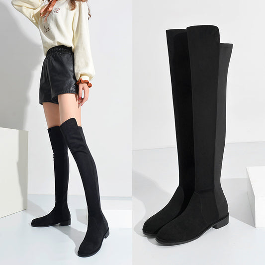 Women's British Stretch Thick Fleece-lined Zipper Over Women's Leather Boots