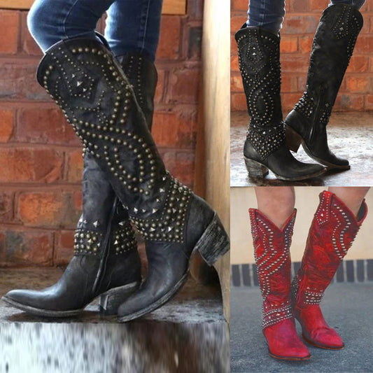 Women's Rivet Thick Mid Plus Size High Women's Leather Boots
