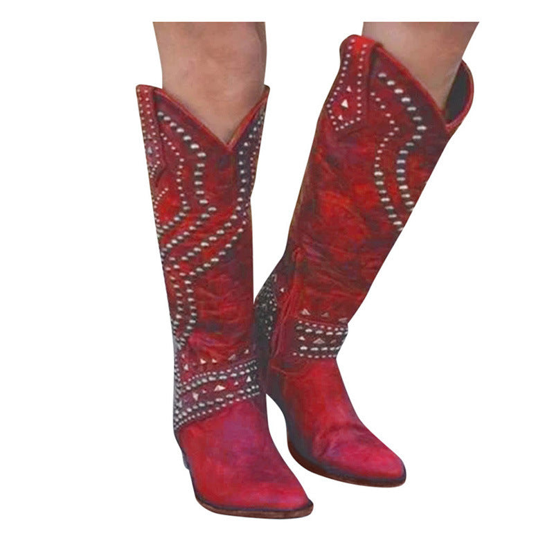 Women's Rivet Thick Mid Plus Size High Women's Leather Boots