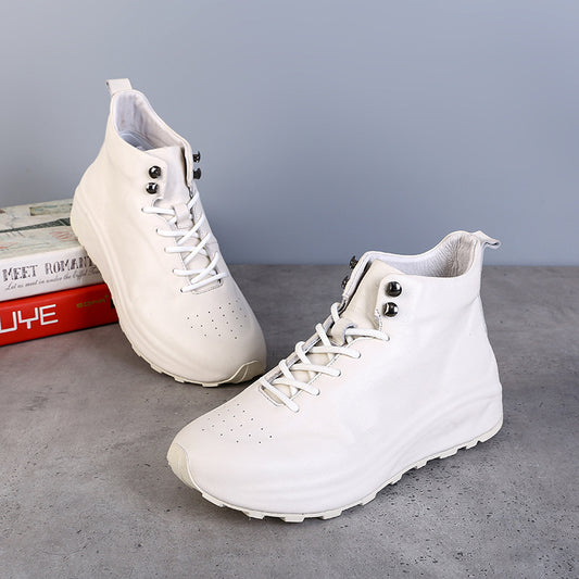 Men's Simple First Layer Cowhide High Top Flat-heeled Round Casual Shoes