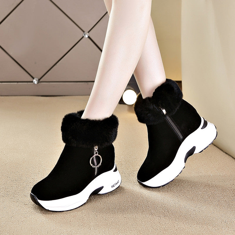 Women's Thermal Cotton Rabbit Fur Wedge Booties Martin Snow Boots