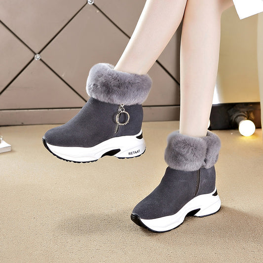 Women's Thermal Cotton Rabbit Fur Wedge Booties Martin Snow Boots