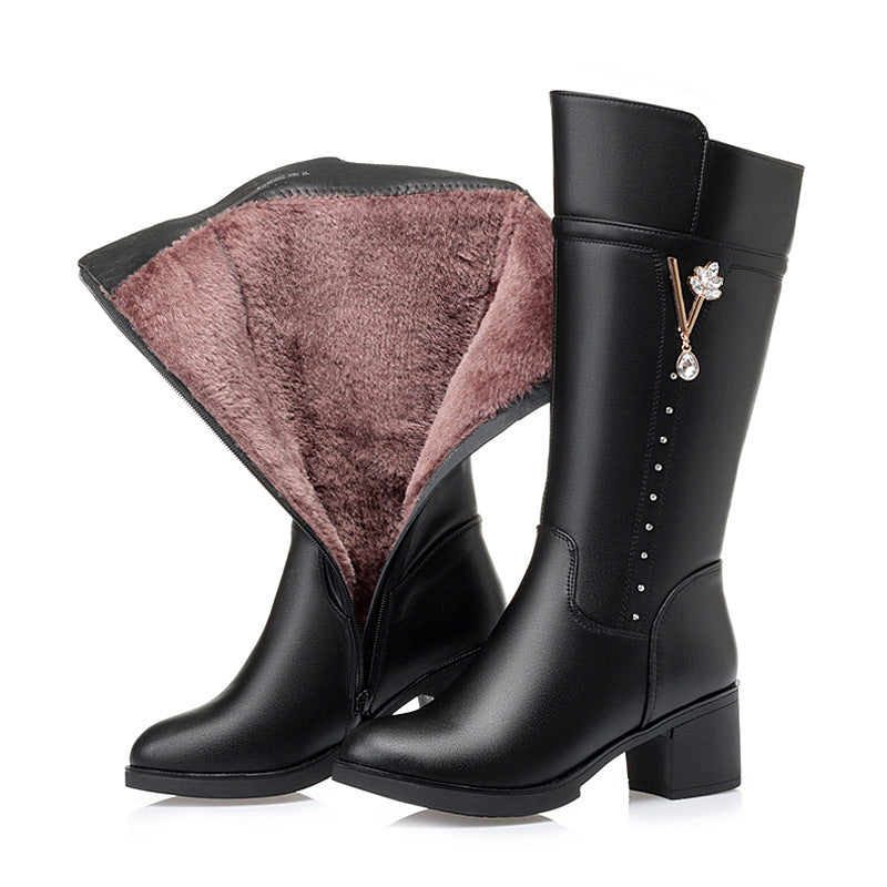 Women's Fleece-lined Mid Chunky Wool Middle Soft Single Boots