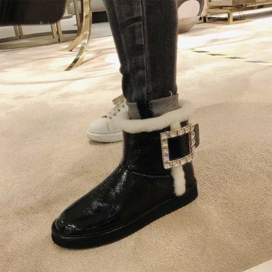 Women's Buckle Winter Flat Bottom Fleece-lined Short Women's Shoes