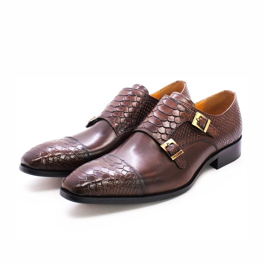 Men's Business Genuine Retro Double Buckle Slip-on Leather Shoes