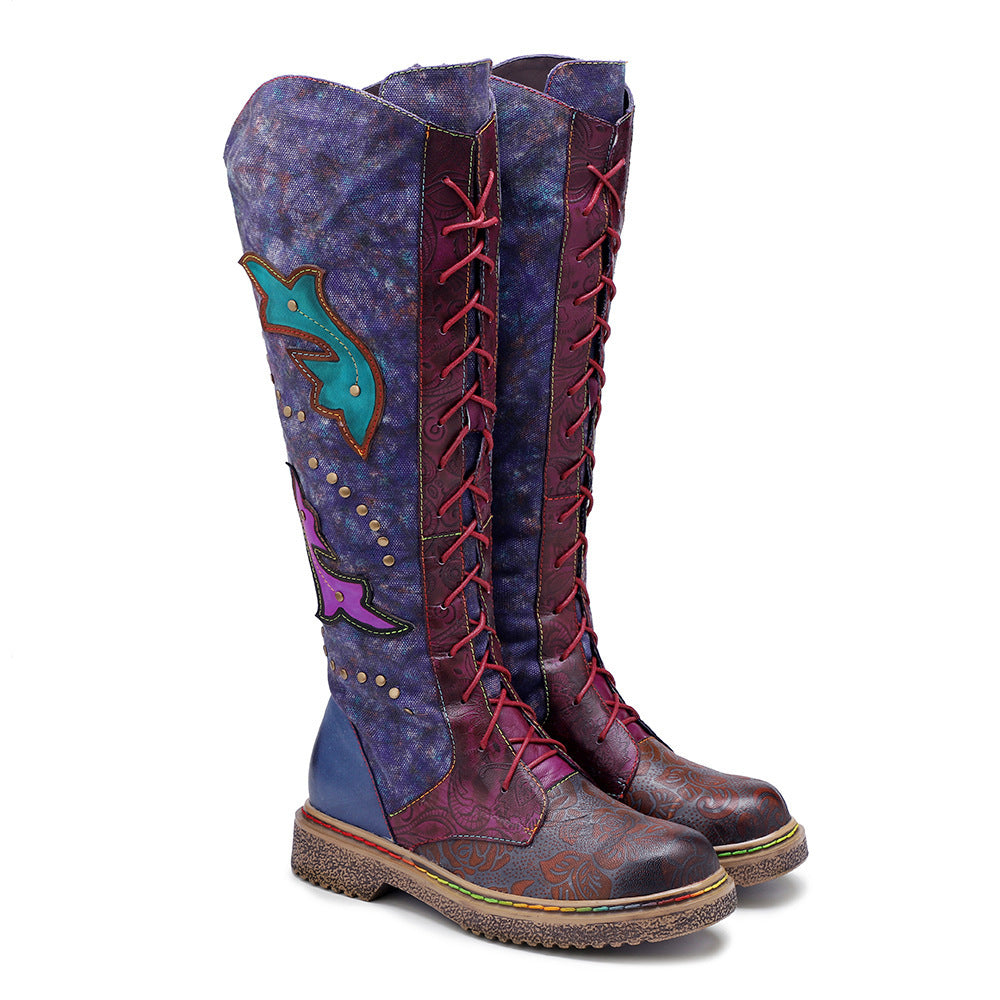 Women's Export Motorcycle Texture Unisex Style Dark Flower Women's Leather Boots