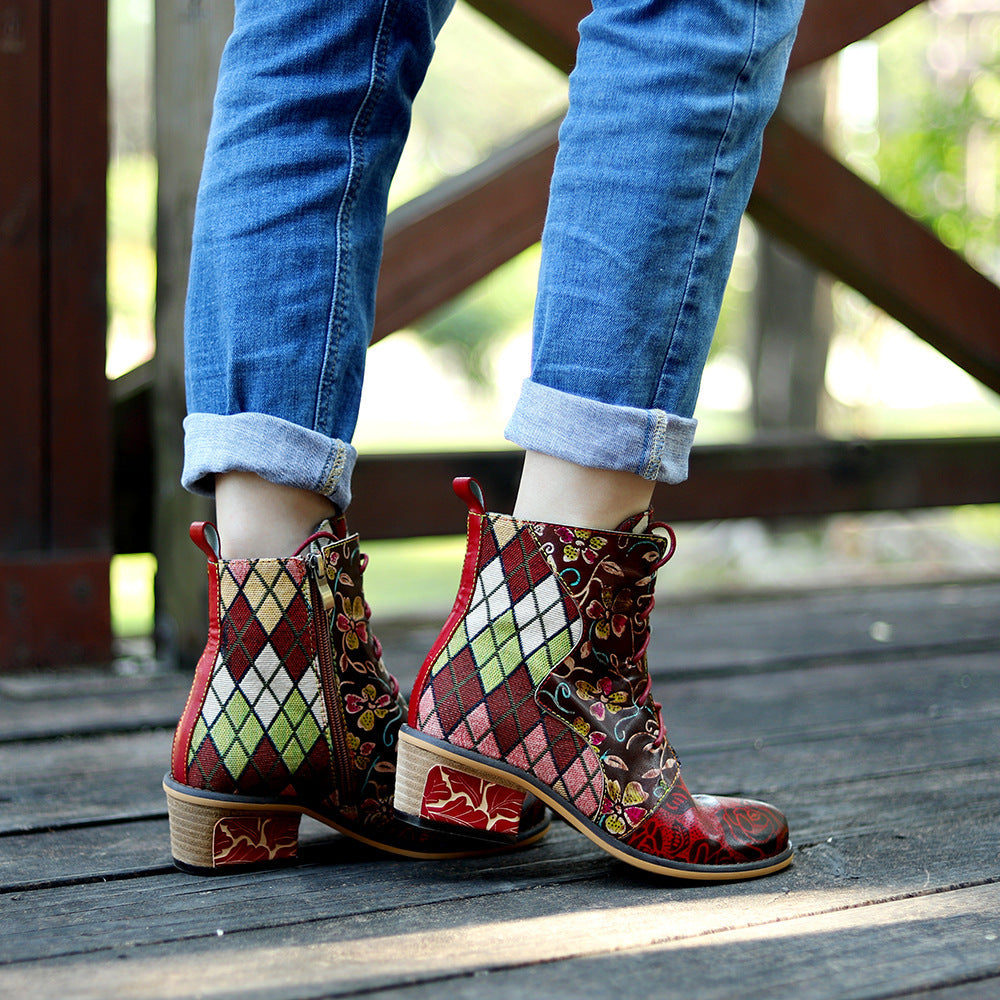 Women's Fashion Stitching Tied Denim Jacquard Color Boots