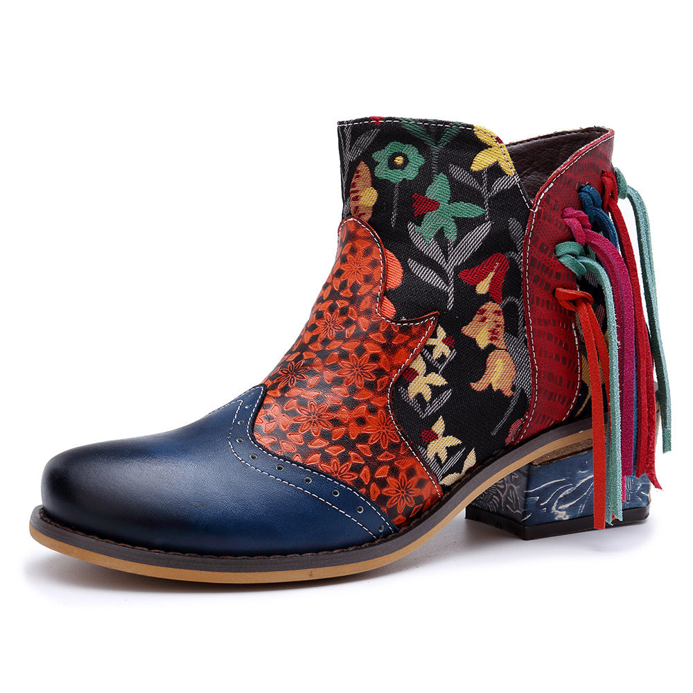 Women's Fine Printing Tassel Jacquard Mid Fashion Women's Leather Boots