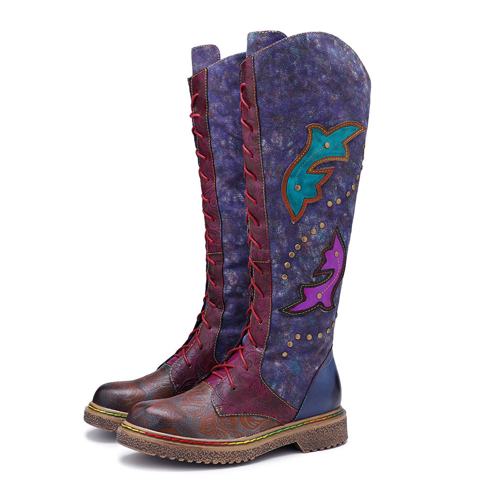 Women's Export Motorcycle Texture Unisex Style Dark Flower Women's Leather Boots