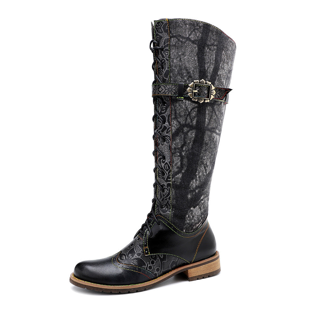 Women's Motorcycle Texture Boyfriend Style Neutral Dark Flower Lace Boots
