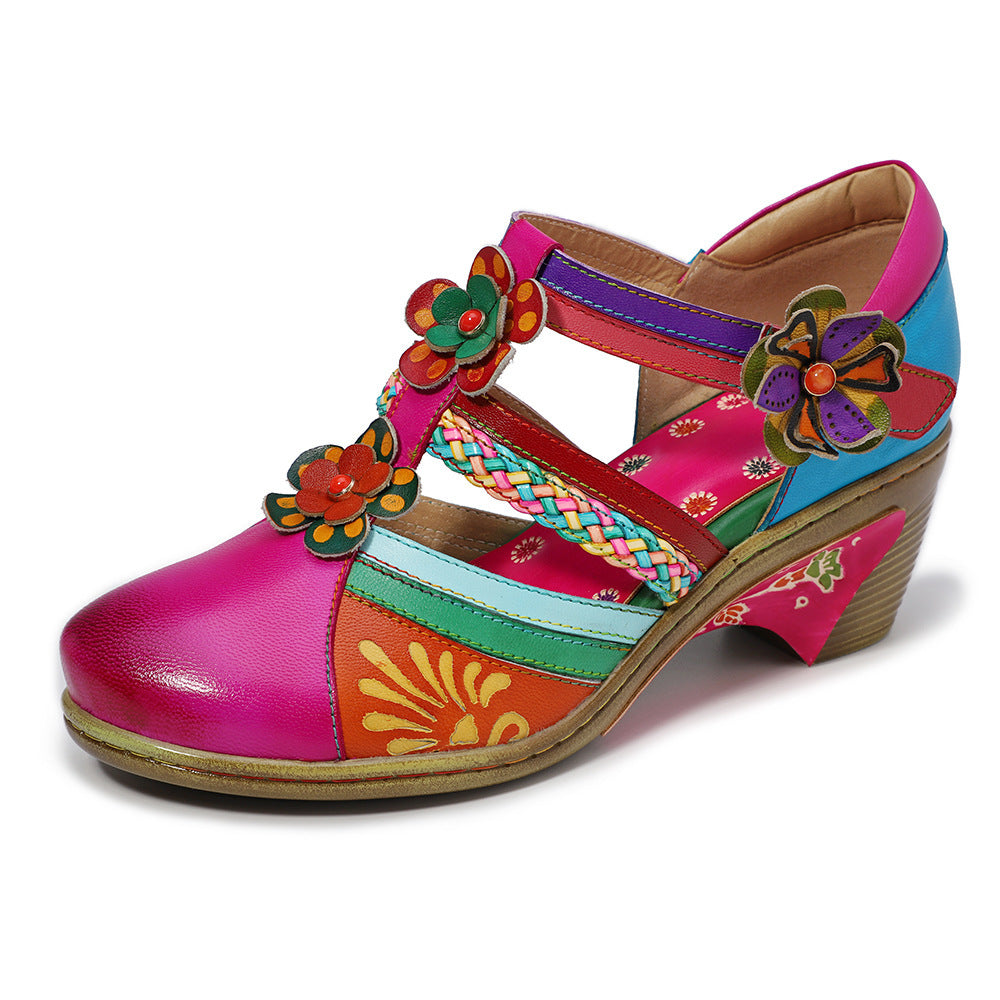 Retro Bright Flower Contrast Color Velcro Wedge Round Toe Mary Women's Fashion Shoes