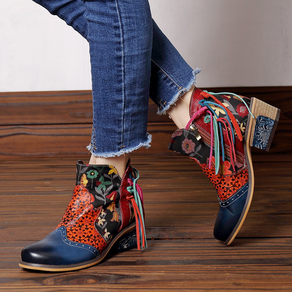Women's Fine Printing Tassel Jacquard Mid Fashion Women's Leather Boots