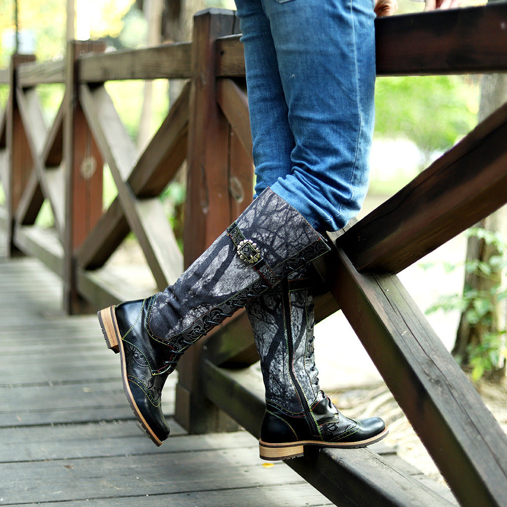 Women's Motorcycle Texture Boyfriend Style Neutral Dark Flower Lace Boots