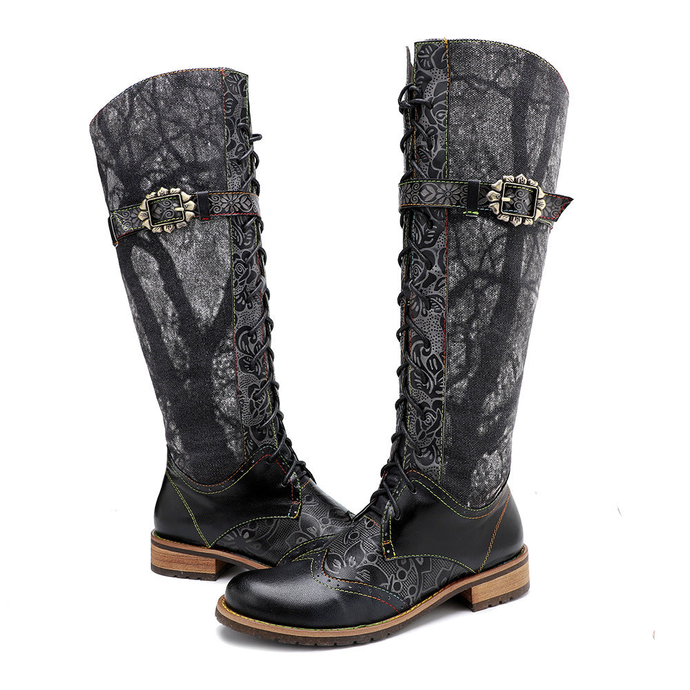 Women's Motorcycle Texture Boyfriend Style Neutral Dark Flower Lace Boots