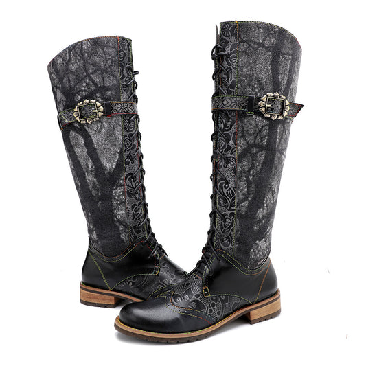 Women's Motorcycle Texture Boyfriend Style Neutral Dark Flower Lace Boots