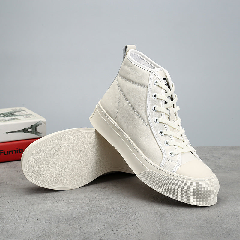 Men's Breathable Full Grain Cowhide Pure Color Simple White Sneakers