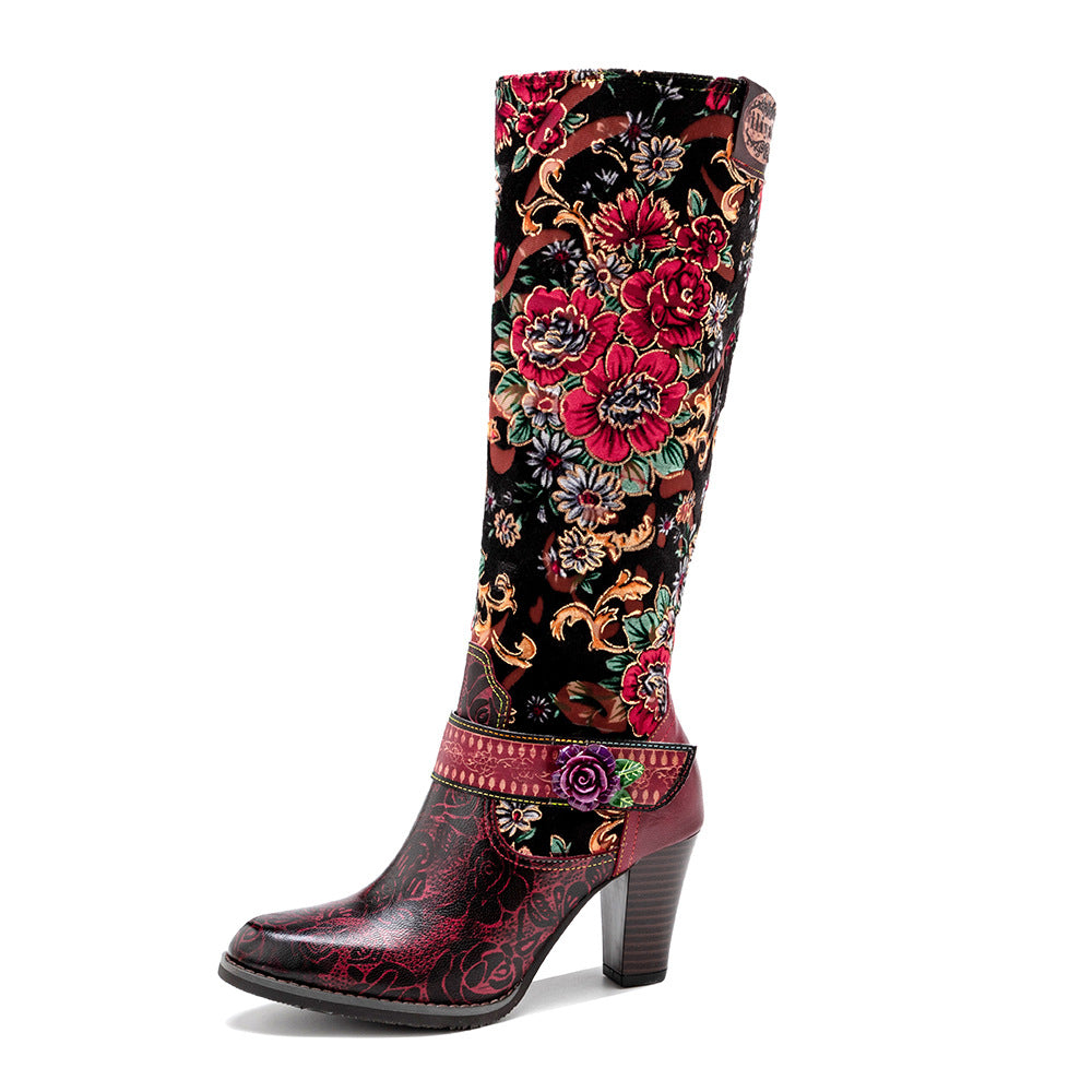 Women's Old Retro Style Three-dimensional Flower Warm Knee-high Women's Leather Boots