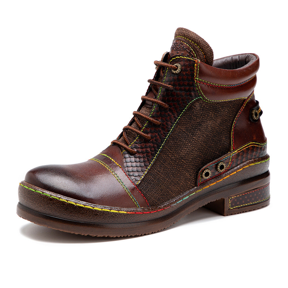 Women's Retro Textured Texture Motorcycle Chunky Women's Leather Boots