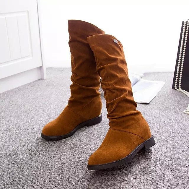 Women's Long Winter High Leg Flat Round Boots